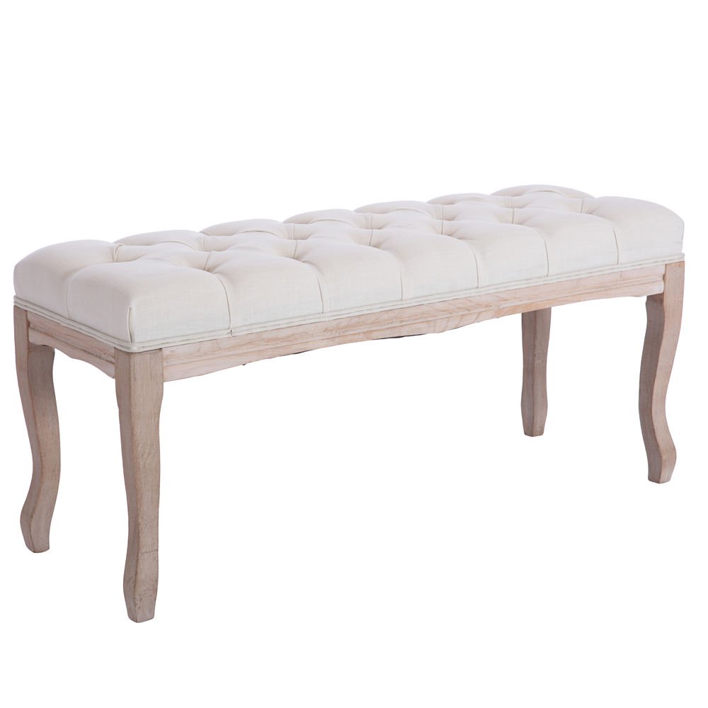 Upholstered Bench Thick Padded Ottoman Bench Button Tufted Carved Leg Ottoman 43” Long Beige