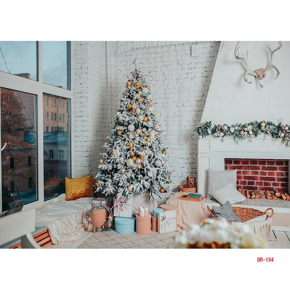 ZHISUXI Christmas Day Fireplace Photography Backdrops Prop Window Living Room Interior Village House Theme Background DR-07