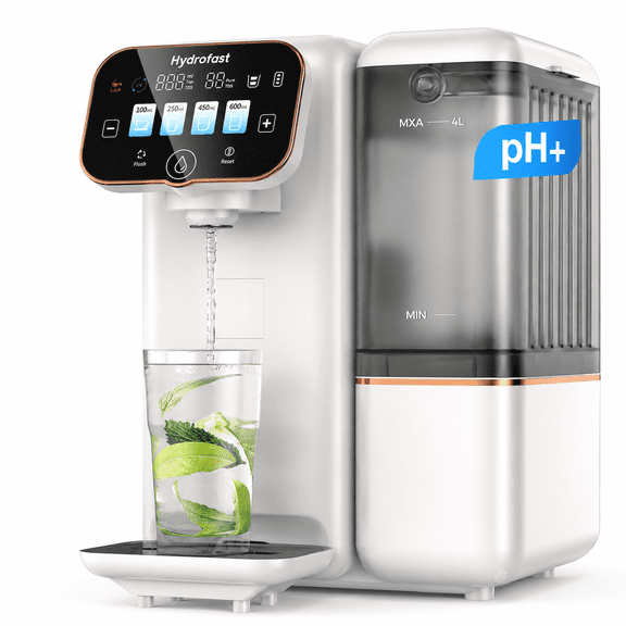 Hydrofast B100 Countertop Reverse Osmosis Water Filter, Room Temperature, 6-Stage Filtration, No Installation, Smart Touchscreen, Portable Water Purifier for Kitchen, White