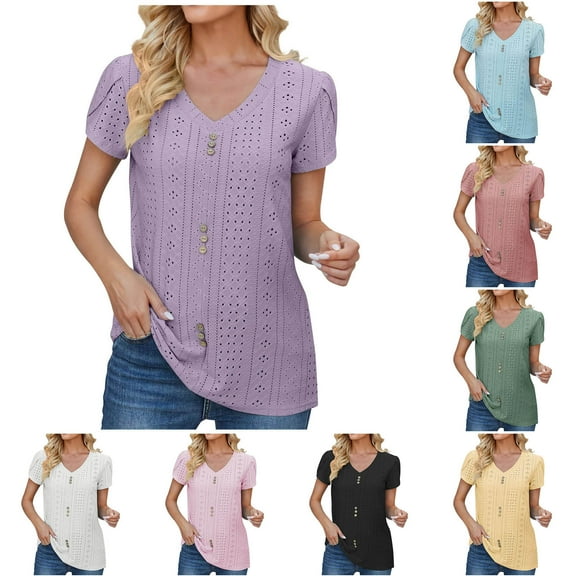 HAPIMO Women's Trendy Loose Eyelet Tops Dressy Tunic Petal Sleeve V Neck Button Shirts Casual Relaxed Workout Blouses for Teen Girls Solid Color Summer Tees Black L
