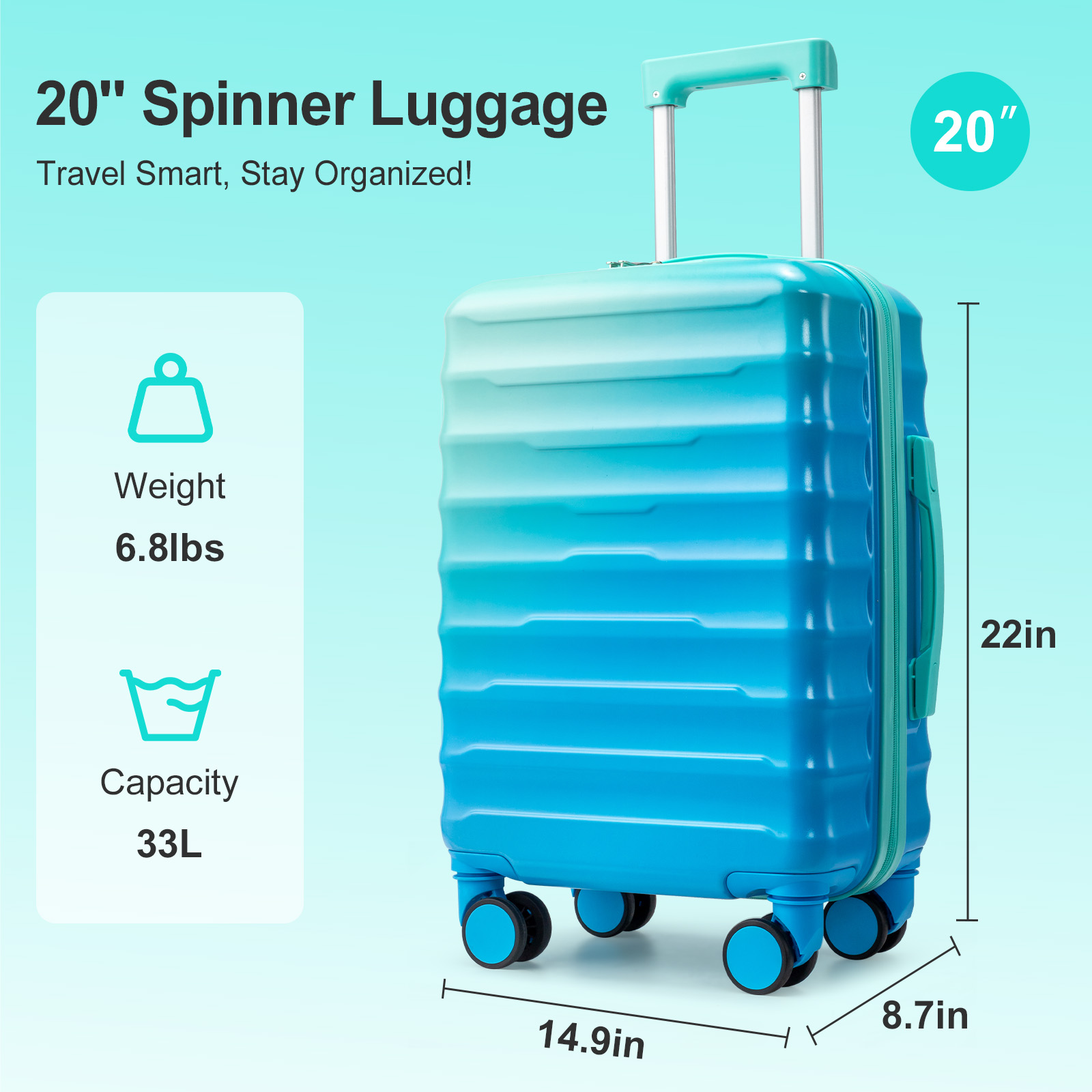 Zimtown 20” Hardshell Luggage Gradient Color Suitcase with 360° Swivel Silent Wheel and TSA Lock, Blue+Green