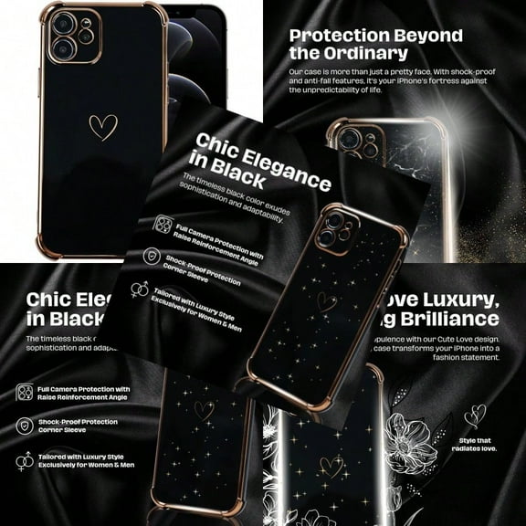 Black Cell Phone Case for iPhone 12 iPhone 12 Pro Case Silicone Slim Mobile Cover for iPhone12 Cute Non Slip Grip Basic Cases Shockproof Protective Phone Cases w Gold Edges Heart Style 6.1