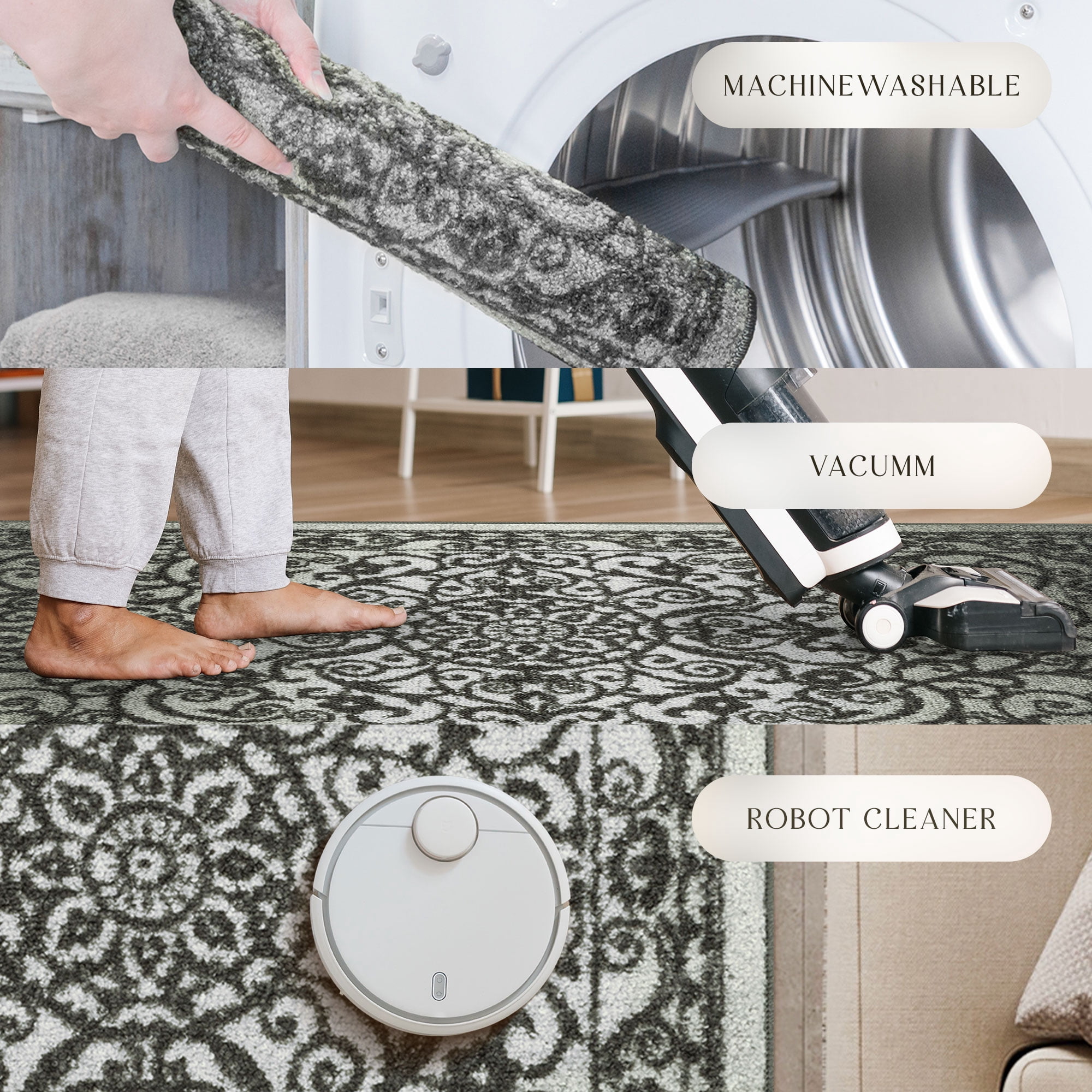Maples Rugs Pelham Transitional Vintage Scroll Grey Washable Entryway Area Rug, 1'8 x 2'10
