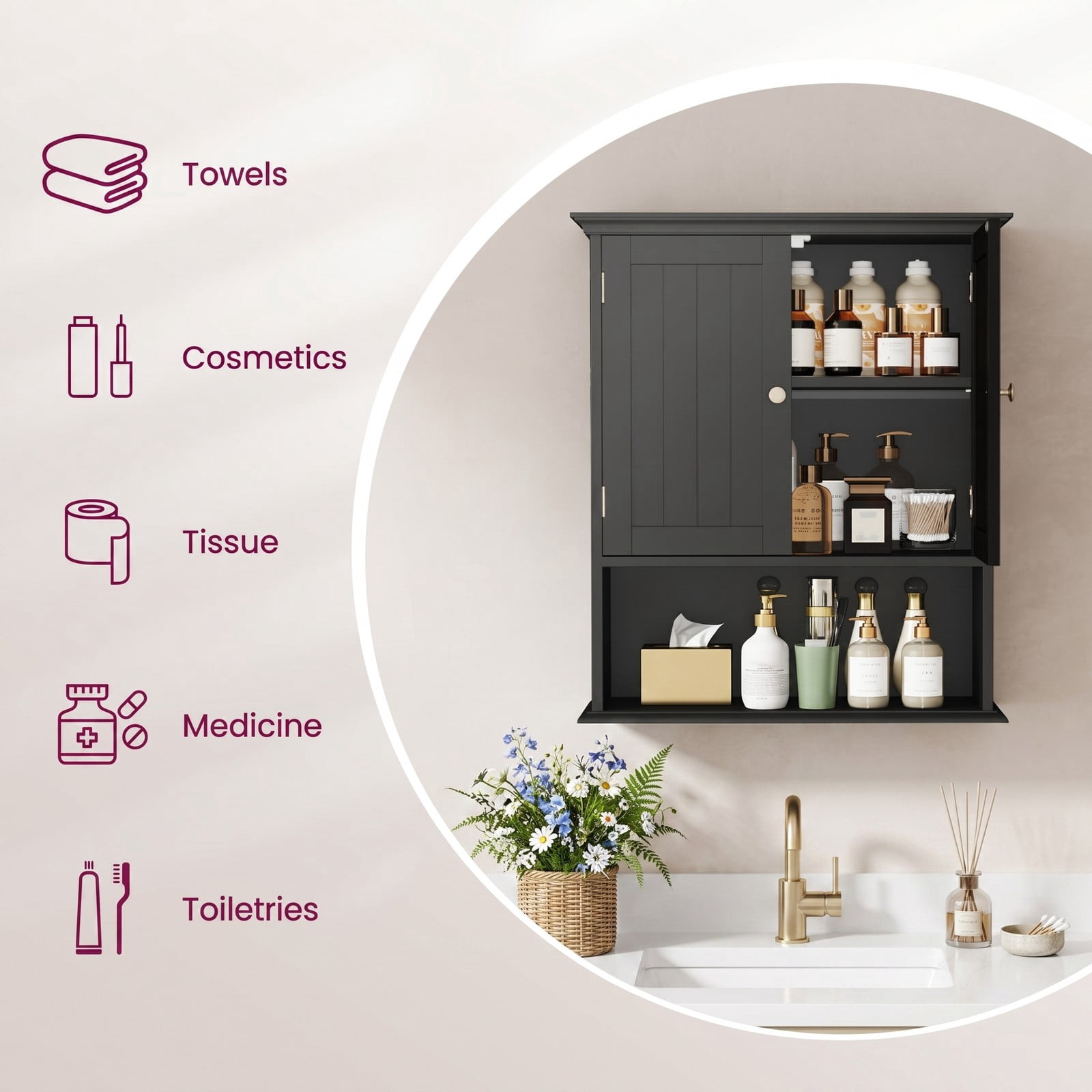 ALPULON Wall Mount Bathroom Cabinet, Wall-Mounted Storage Organizer with 2 Doors and Adjustable Shelves, Space-Saving Cabinet for Bathroom Kitchen Bedroom, Black