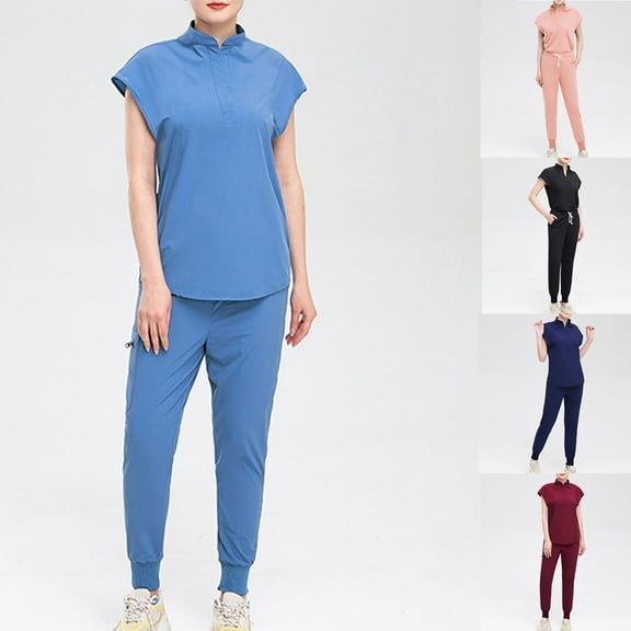 Jinhomg Medical Outfit for Women Dressy Casual Cap Sleeve Button V-Neck Scrub Shirt with Elastic Waist Pants Plain Solid Spring Summer Nursing Uniforms Black M