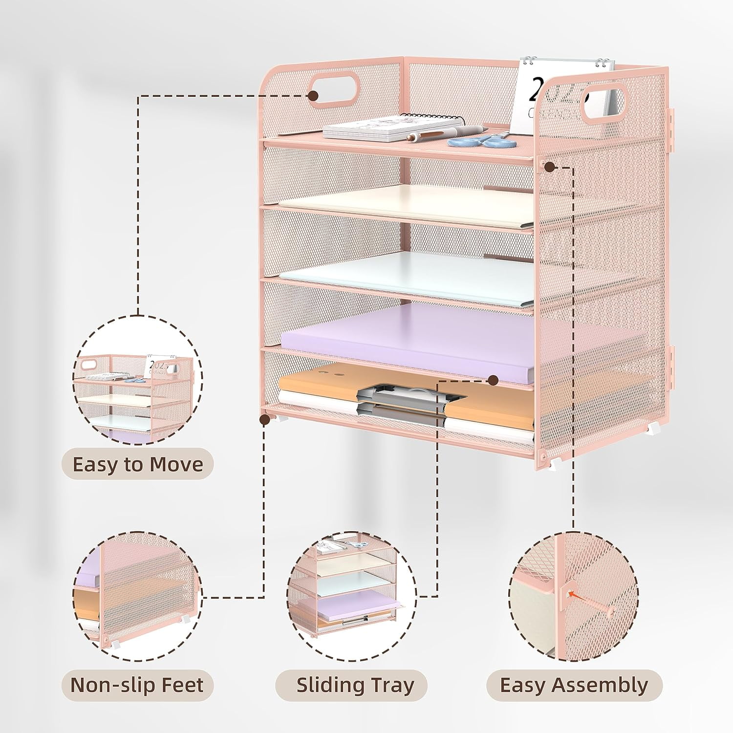 INTIGE 5-Tier Desk Organizer with Handle Mesh Desk File/Paper Organizer Letter Tray for Office