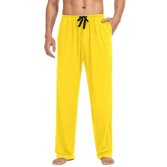 Cotton Mens PJ Pajama Pants Bottoms Waistband Sleepwear with Pockets Yellow