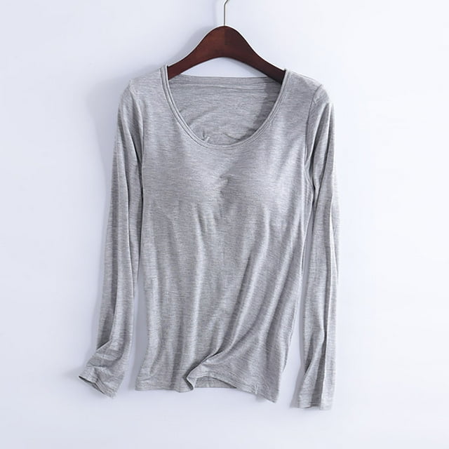 Meichang Hauts de Pyjama pour Femmes avec Soutien-Gorge Intégré Chemises à Manches Longues pour Femmes Col Rond Décontracté Coupe Ample Blouses de Nuit Hauts de Soutien-Gorge pour Femmes