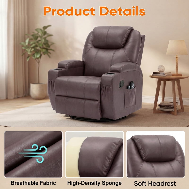 Vineego Massage Swivel Rocker Recliner with PU Leather Fabric Small Spaces Lounge Chair with Two Cup Holder for Bed Room,PU Brown