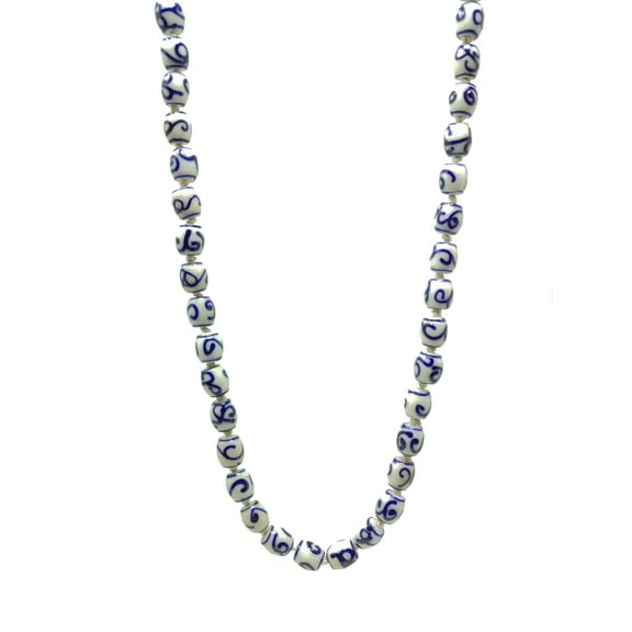 Single Strand Glass Beaded Necklace Blue and White Ceramic Barrel Shaped Beads-Beautiful Handmade Unique Women Fashion Jewelry