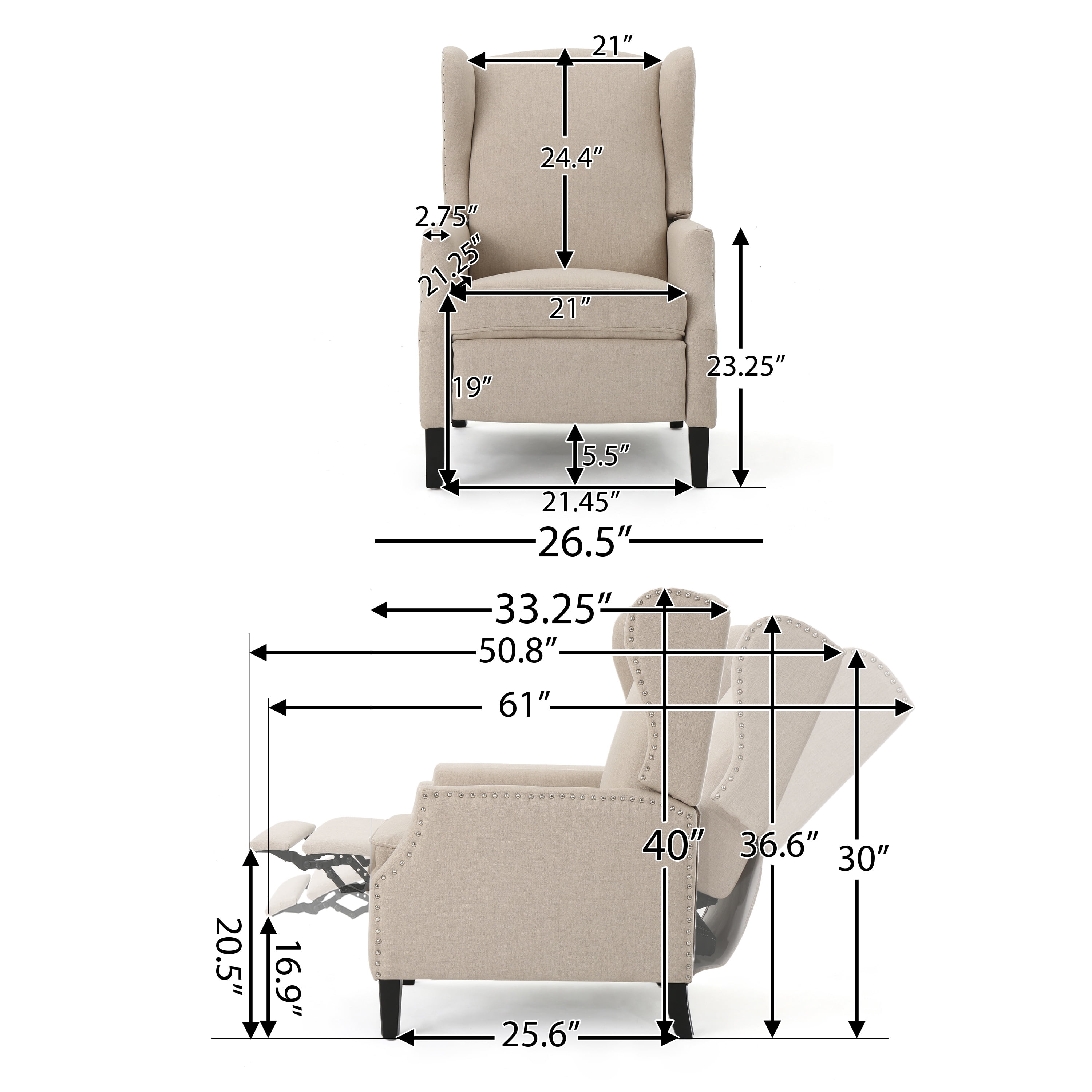 Euroco Traditional Wingback Recliner Chair with Studded Trim,100% Polyester Upholstery