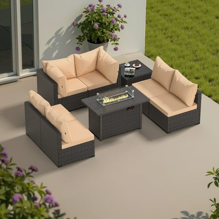 Phonjoroo Outdoor Patio Furniture Set with Fire Pit Table, 8 Pieces Wicker Patio Sectional Furniture, Patio Conversation Couch Seating & 42" Fire Pit