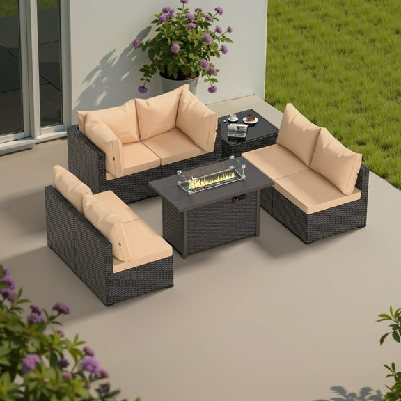Phonjoroo Outdoor Patio Furniture Set with Fire Pit Table, 8 Pieces Wicker Patio Sectional Furniture, Patio Conversation Couch Seating & 42" Fire Pit