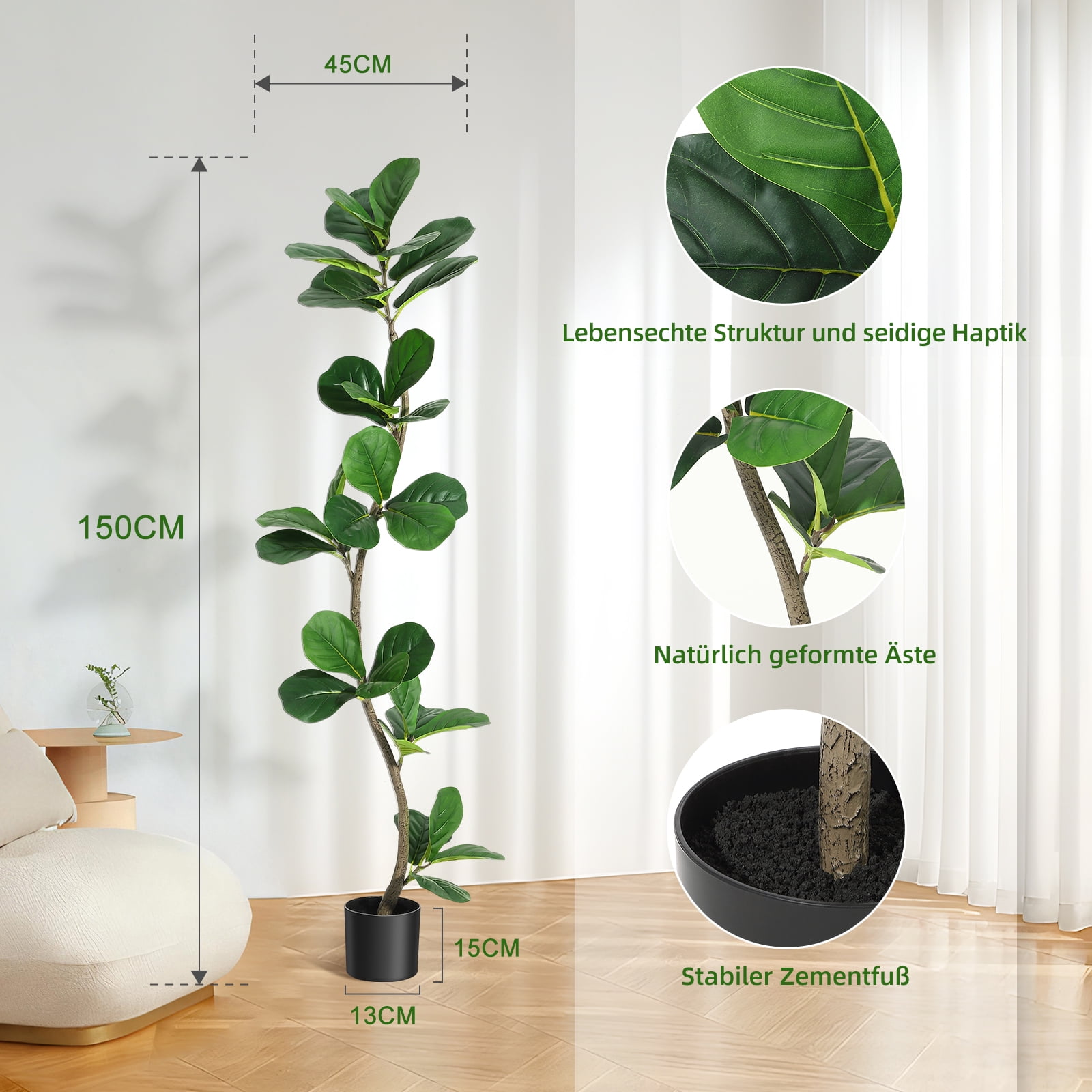 Towallmark 5 ft Artificial Fiddle Leaf Fig Tree, Fake Plant in Black Plastic Pot, Large Fake Tree for Home or Office Decor