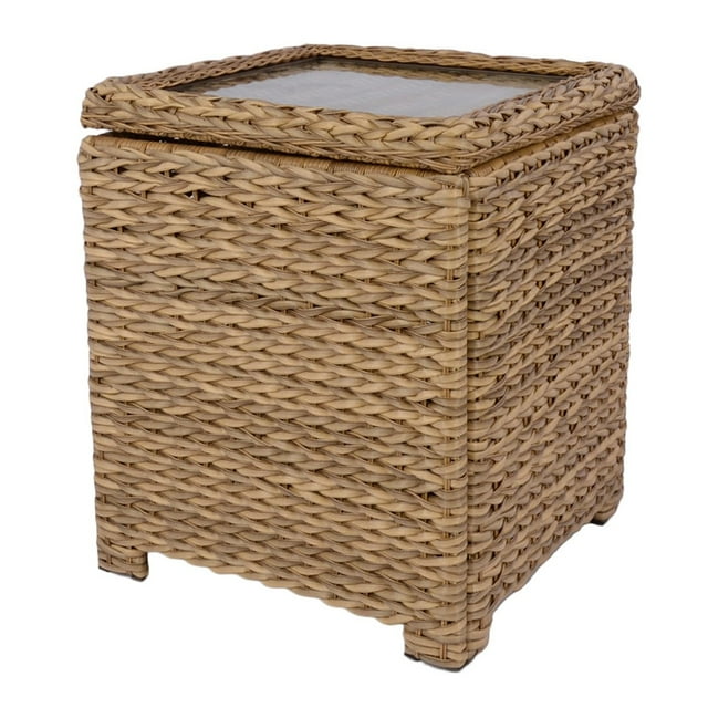Krikacy Wicker Storage Cabinet Side Table,All-Weather HDPE Hand-Woven Rattan End Table, Light Brown