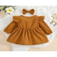 thumbnail image 3 of PENGXIANG Robe Princesse pour Bébé Fille Automne 2 Pcs Manches Longues à Volants Bouton Velours Côtelé Robe Trapèze Bandeau Rouge Vin 2-3 Ans, 3 of 9