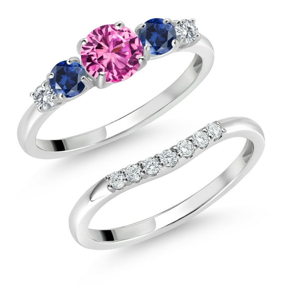 Gem Stone King 10K White Gold Pink Created Sapphire Blue Created Sapphire and White Lab Grown Diamond 5 Stone Bridal Engagement Wedding Ring Set for Women (0.94 Cttw, Round: 5MM and 3MM, Size 6)
