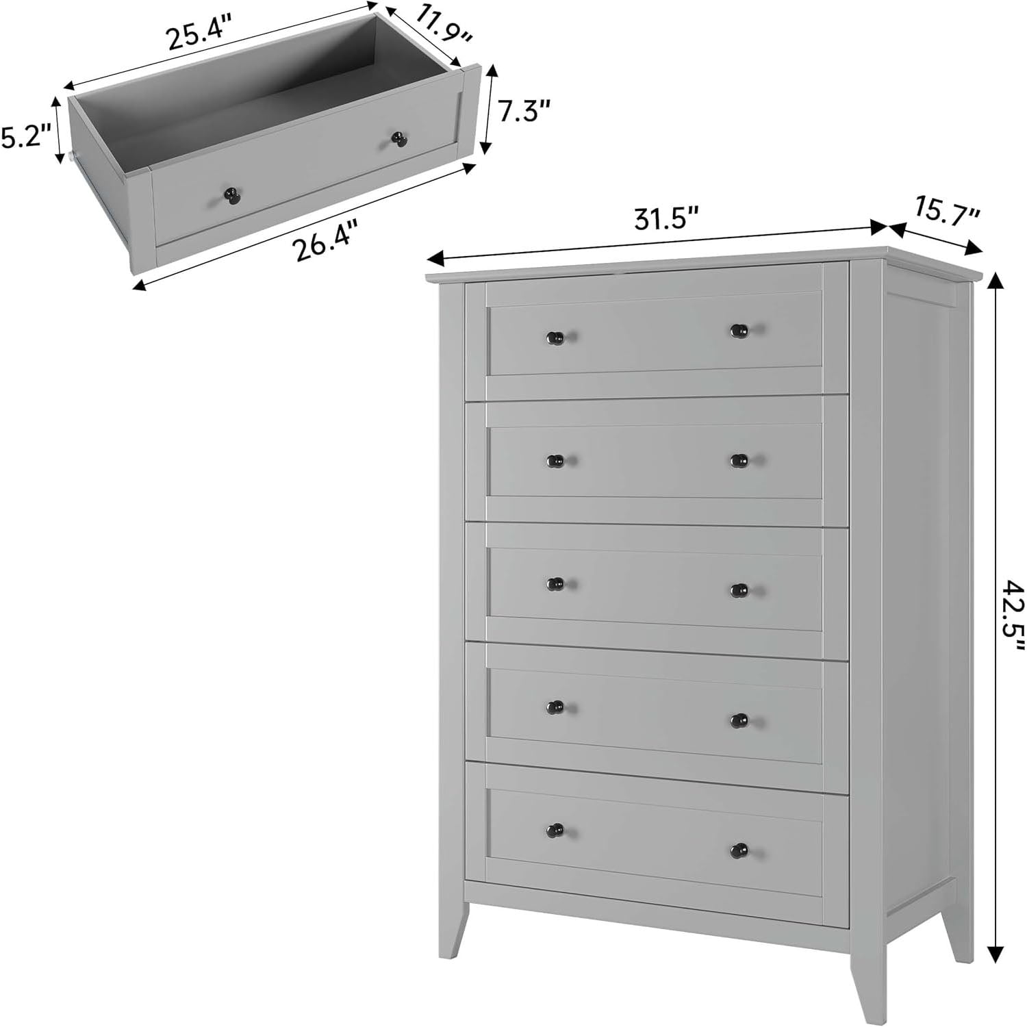 Roromall 5 Drawer Dresser for Bedroom, Tall Dresser with Deep Drawers & Metal Knobs, Modern Wooden Chests of Drawers for Entryway, Hallway