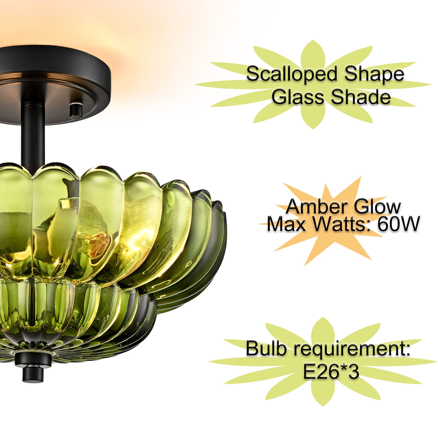 Como 3-Light Modern Black Semi Flush Mount Ceiling Light with Scalloped Green Glass Shade