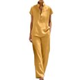 thumbnail image 2 of Cagogo Women Plus Size 2 Piece Short Sleeve Set Loose Open Front Shirt Wide Leg Pants Casual Summer Boho Vacation Outfits Cruise Airport Travel Clothes Solid Lounge Matching Sets, Yellow M, 2 of 7