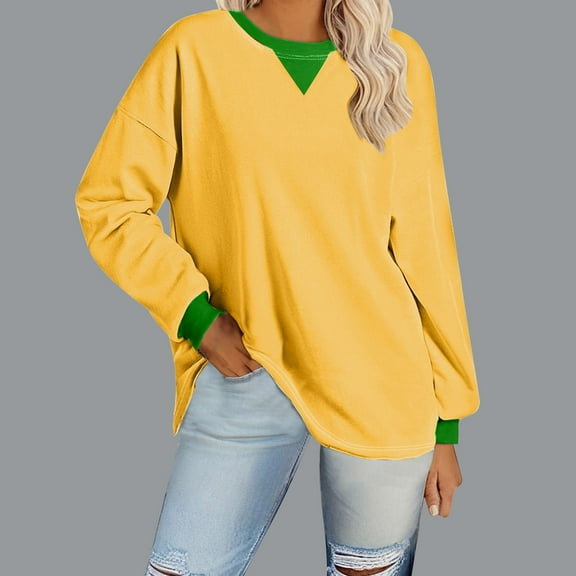 Aloohaidyvio Long Sleeve Tops for Women Women's Large Size Loose Casual Color Stitching Long Sleeve Round Neck Top
