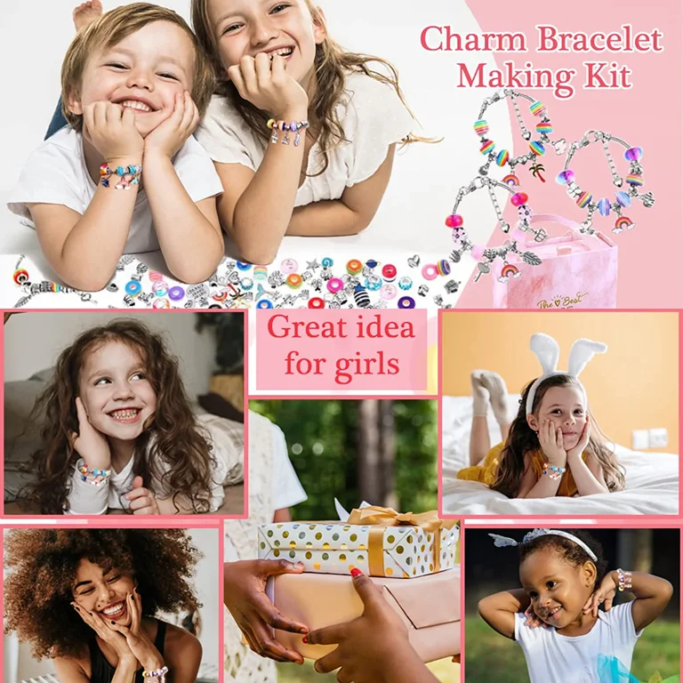 Bracelet DIY Charm Bracelet Necklaces Jewelry Making Kit with Pink Gift Box  for Girls Women Valentines Birthday Christmas Gift 