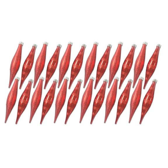 24 Pack Red Finial Ornament with Snowflake and Line Glitter Design