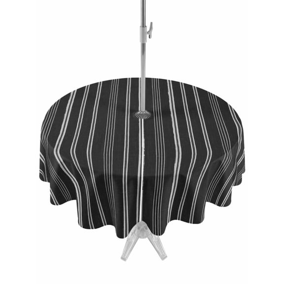 Outdoor Tablecloth with Umbrella Hole & Zipper, Black Striped Round Tablecloth 60 Inch, Farmhouse Stripes Modern Vintage Patio Table Cover Waterproof Table Cloth for Picnic/Party