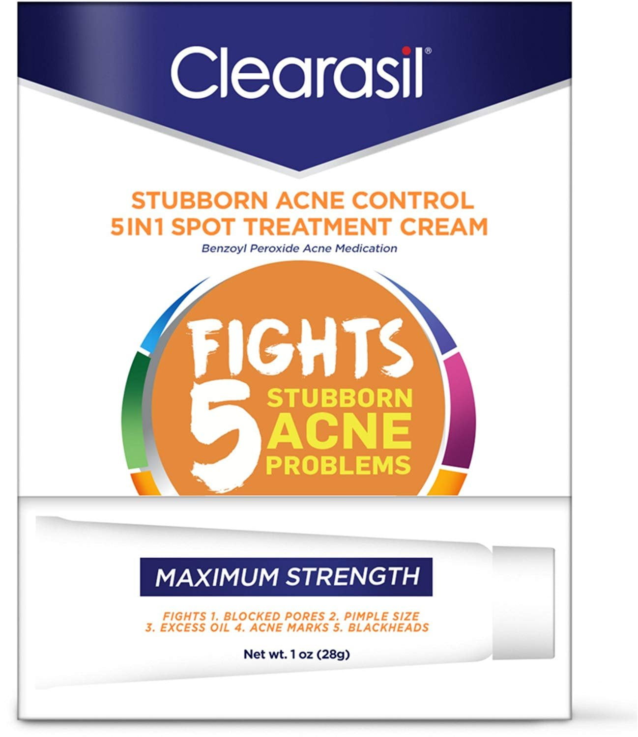 Clearasil Stubborn Acne Control 5in1 Spot Treatment Cream, 1 oz (Pack of 3)