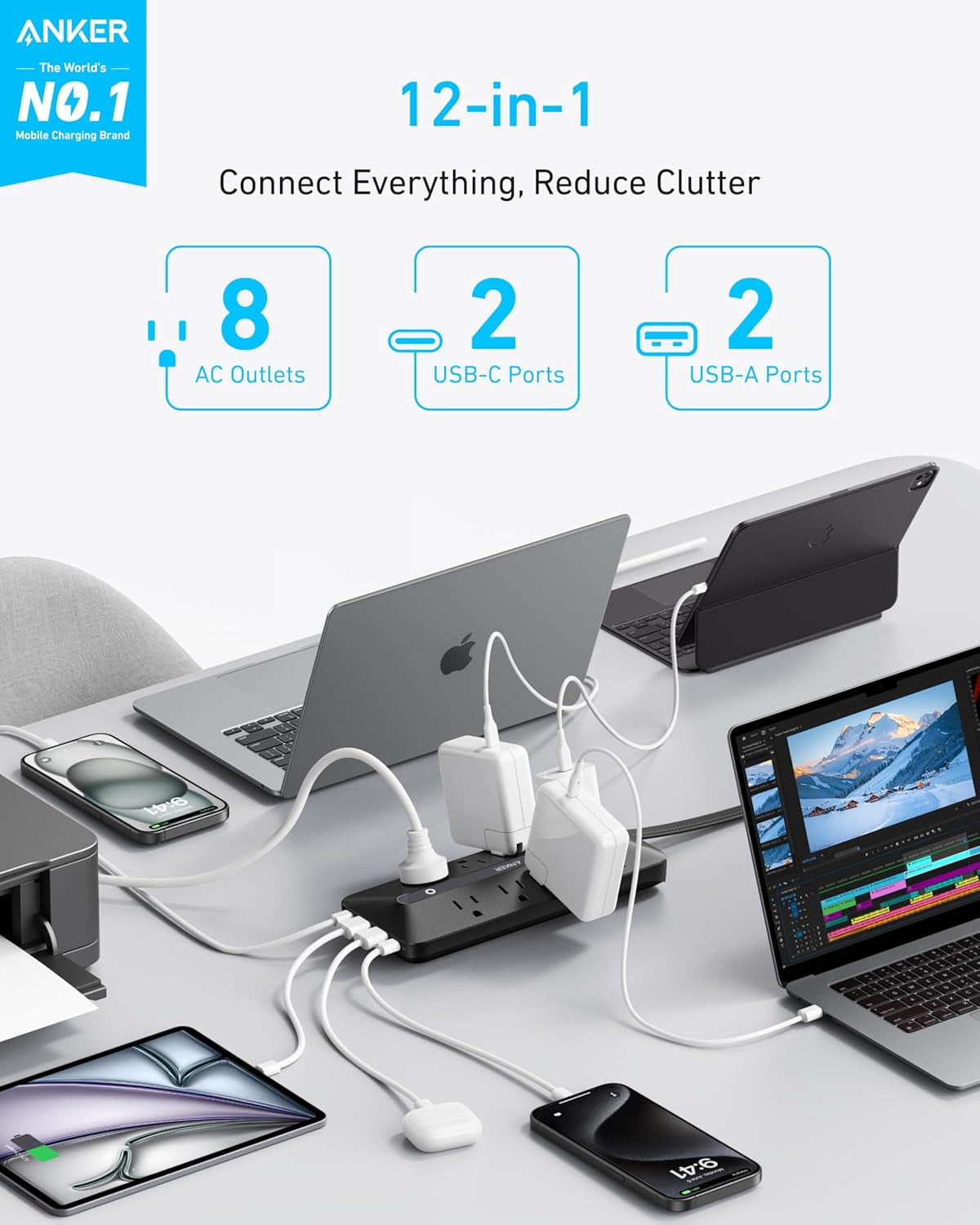 Anker Flat Plug Power Strip, 12-in-1 USB-C Power Strip with 8 AC Outlets, 2 USB-C, 2 USB-A Ports, 5 feet Extension Cord, 35W Max