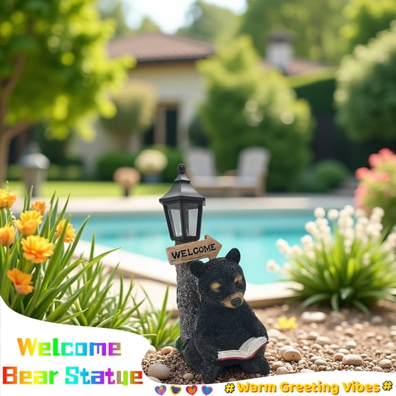 Welcome Bear Statue Garden Decor Light, Resin Bear Figurine with Solar Lantern, Classic Animal Sculpture for Patio Yard Lawn Front Door Porch Outdoor Decoration