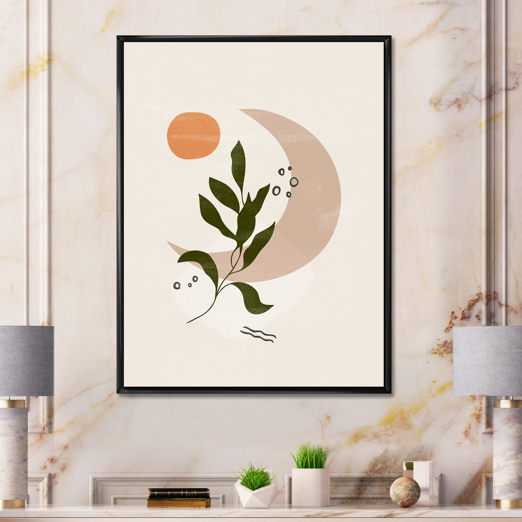 Designart 'Abstract Geometrical Leaf With Moon I' Modern Framed Canvas Wall Art Print