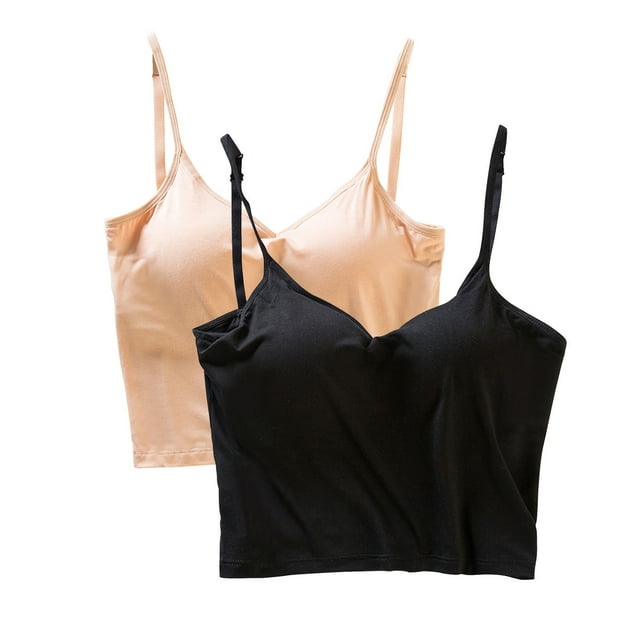 Timegard Tank Top for Women 2pc V Neck Adjustable Spaghetti Strap Cropped Slim Comfy Camis with Bras