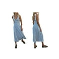 thumbnail image 3 of Women Casual Summer Smocked V Neck Beach Striped Sleeveless Sundress Flowy Long Dress with Pockets Light Blue L, 3 of 7