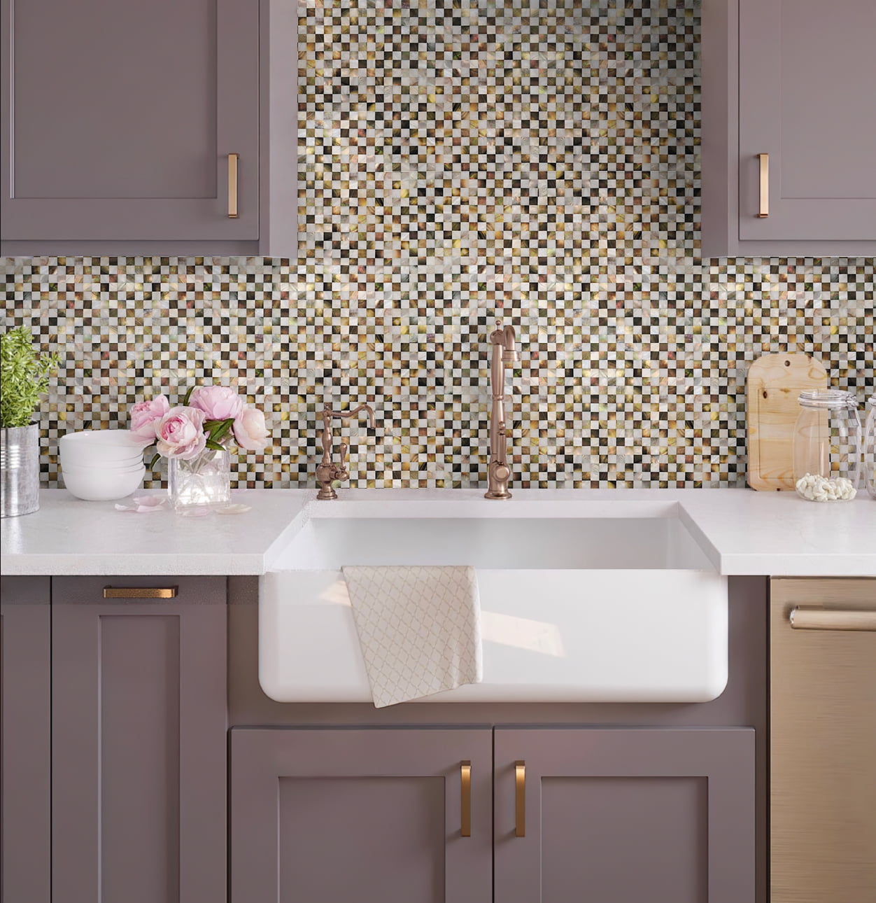 20 pack Beige, Brown and White 11.8 in. x 11.8 in. Polished Mother of Pearl Checker Board Wall Mosaic Floor and Wall Tile (19.34 sq. ft./case)
