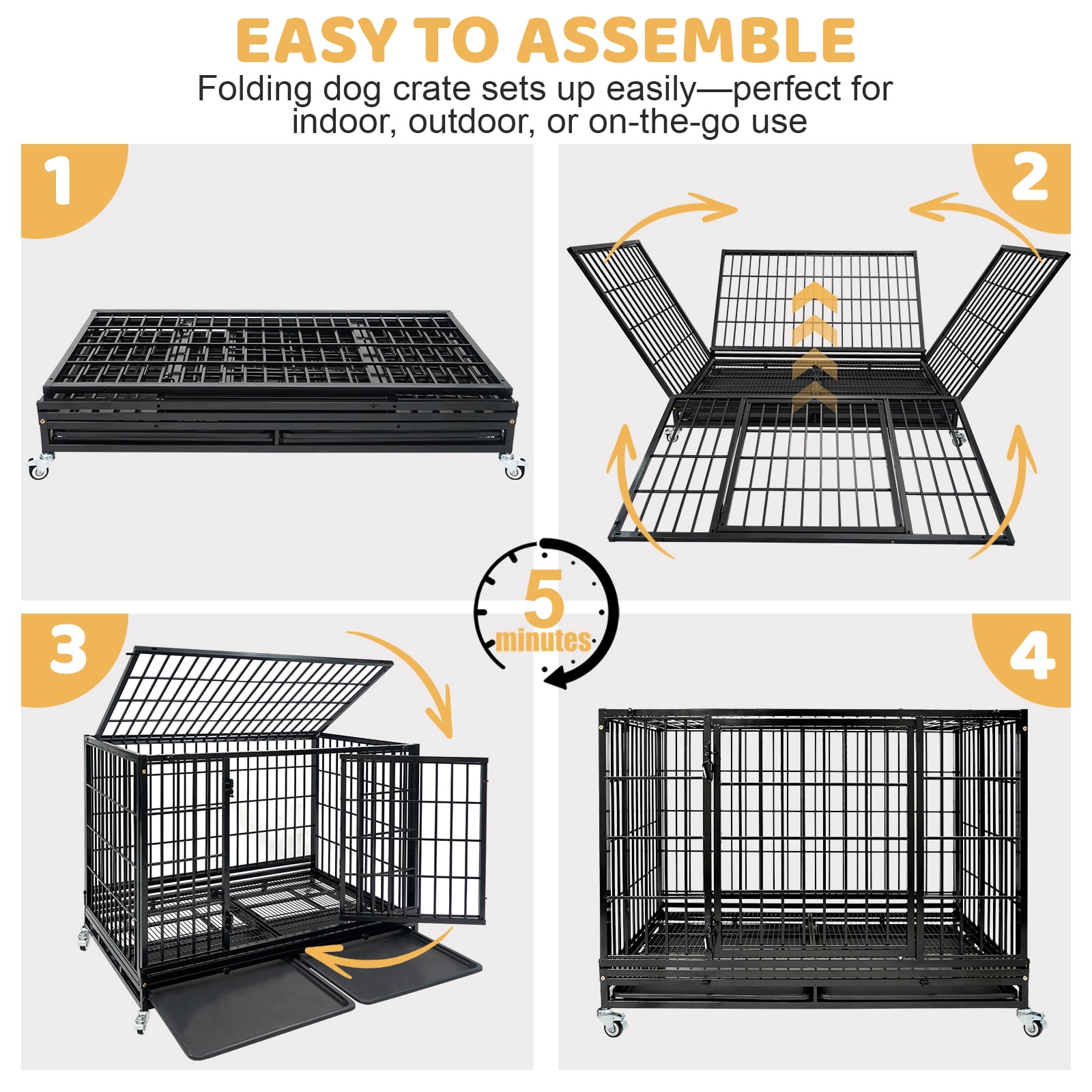 47 Inch Heavy Duty Large Dog Crate, Stackable Indestructible Big Cage for High Anxiety Dogs, Escape Proof XL Dog Kennel Indoor with Auto Locks, No-Noise Grid, Dual Trays, 360° Wheels(2 Tier)
