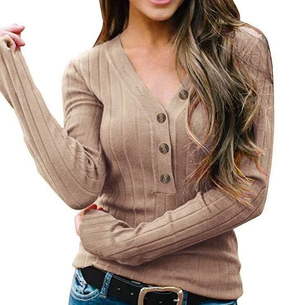 Suéter de punto con botones acanalados y cuello en V de manga larga para mujer, blusas de color liso