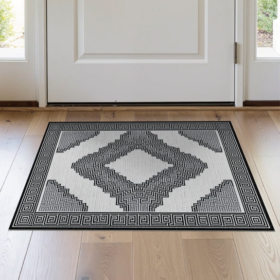 ODIKA 2'x3' Washable Accent Rug Greek Key Lattice Southwestern Geometric Border Boho Motif Repeat for Bedroom, Nursery, RV, Pet Friendly, Bedside Mat