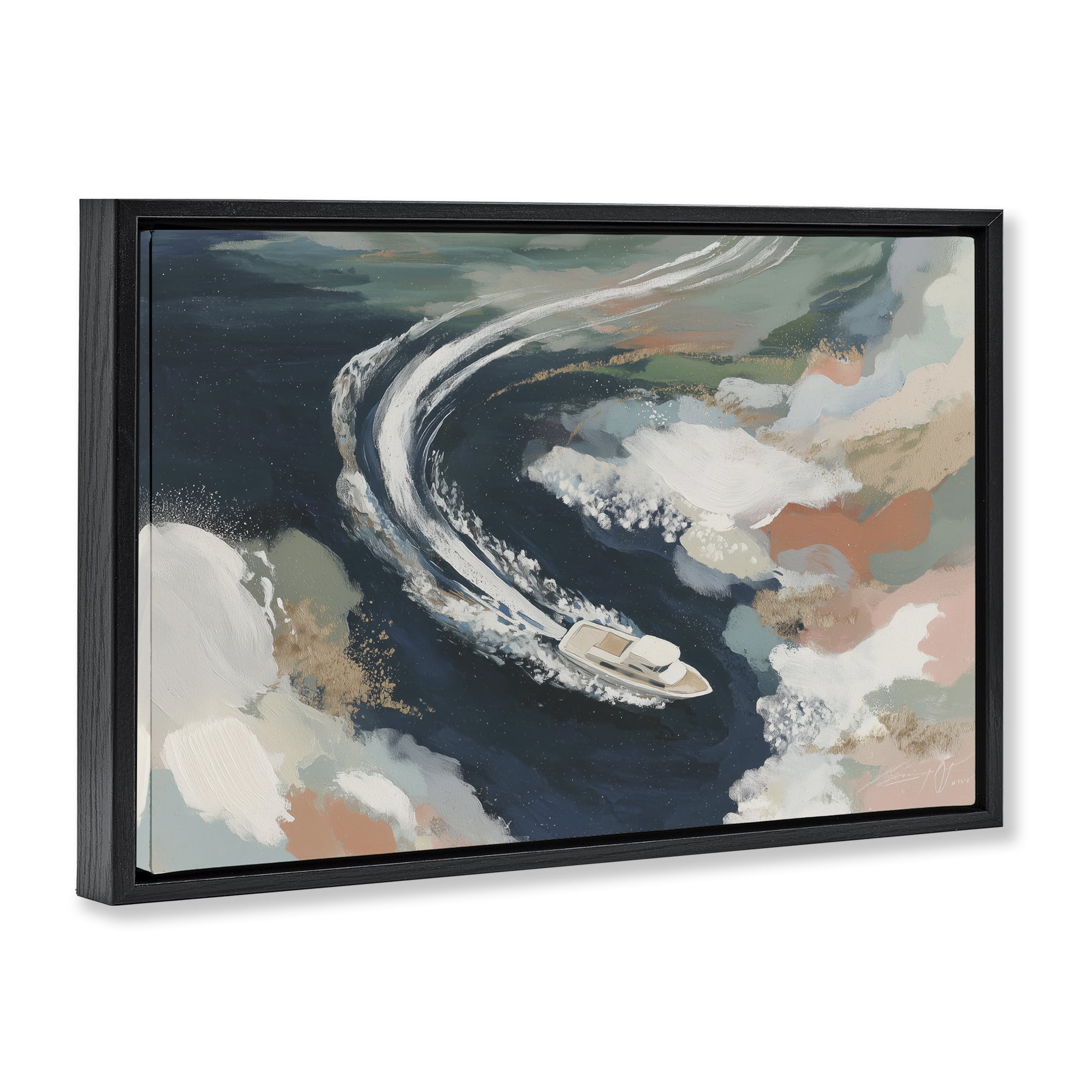 Stupell Industries Boat Wake From Above Black Framed Floater Canvas Wall Art, design by Chromatic Storm Studio