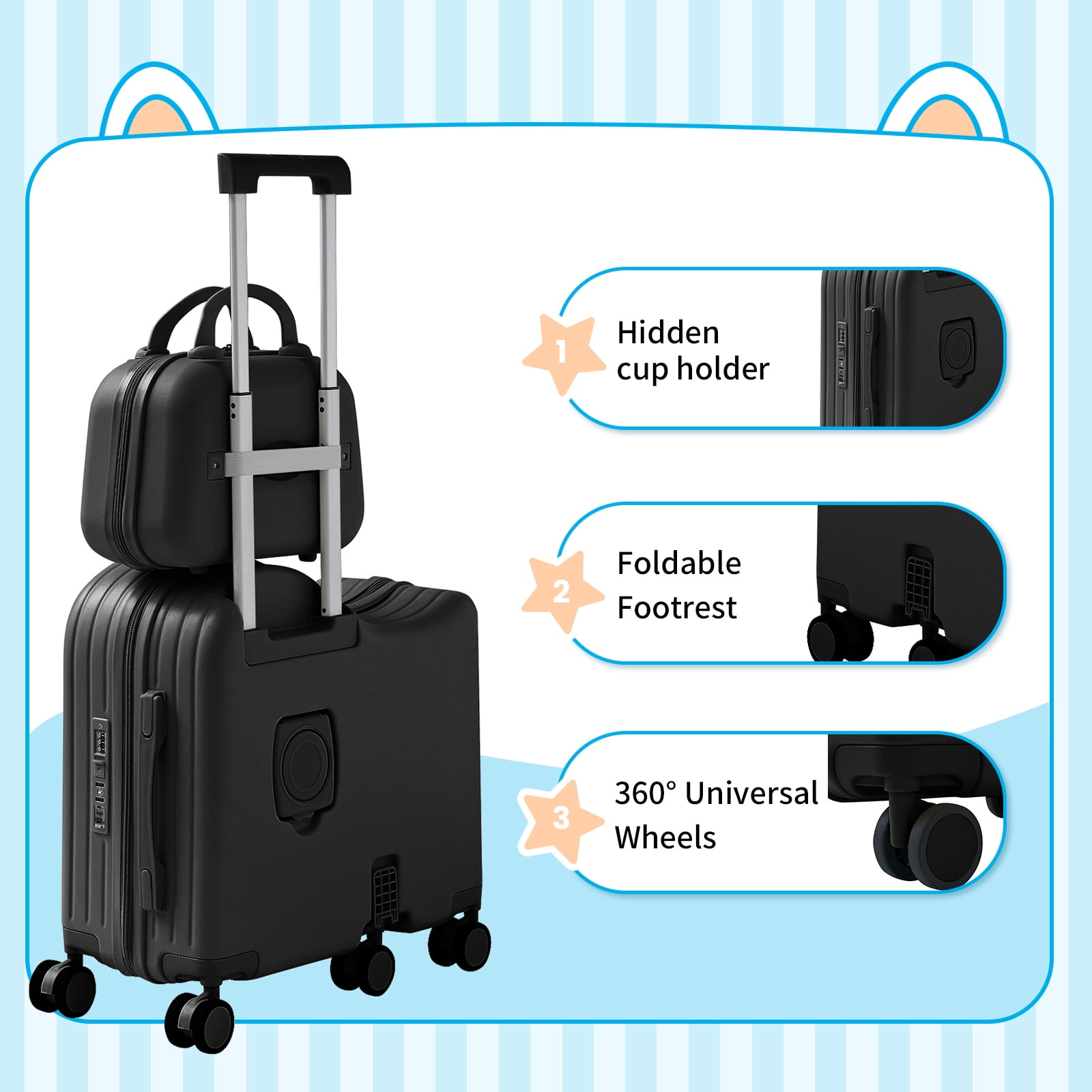 TABU Kids Ride on Luggage with Handbag, Hardshell Suitcase with 6-Spinner Wheels,Hidden Cup Holder,Foldable Pedal,Black
