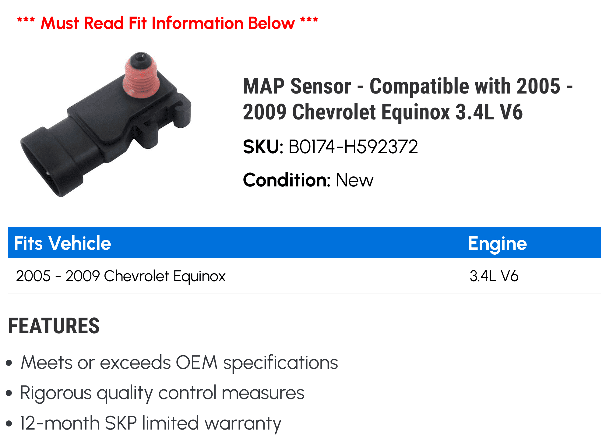 MAP Sensor - Compatible with 2005 - 2009 Chevy Equinox 3.4L V6 2006 2007 2008