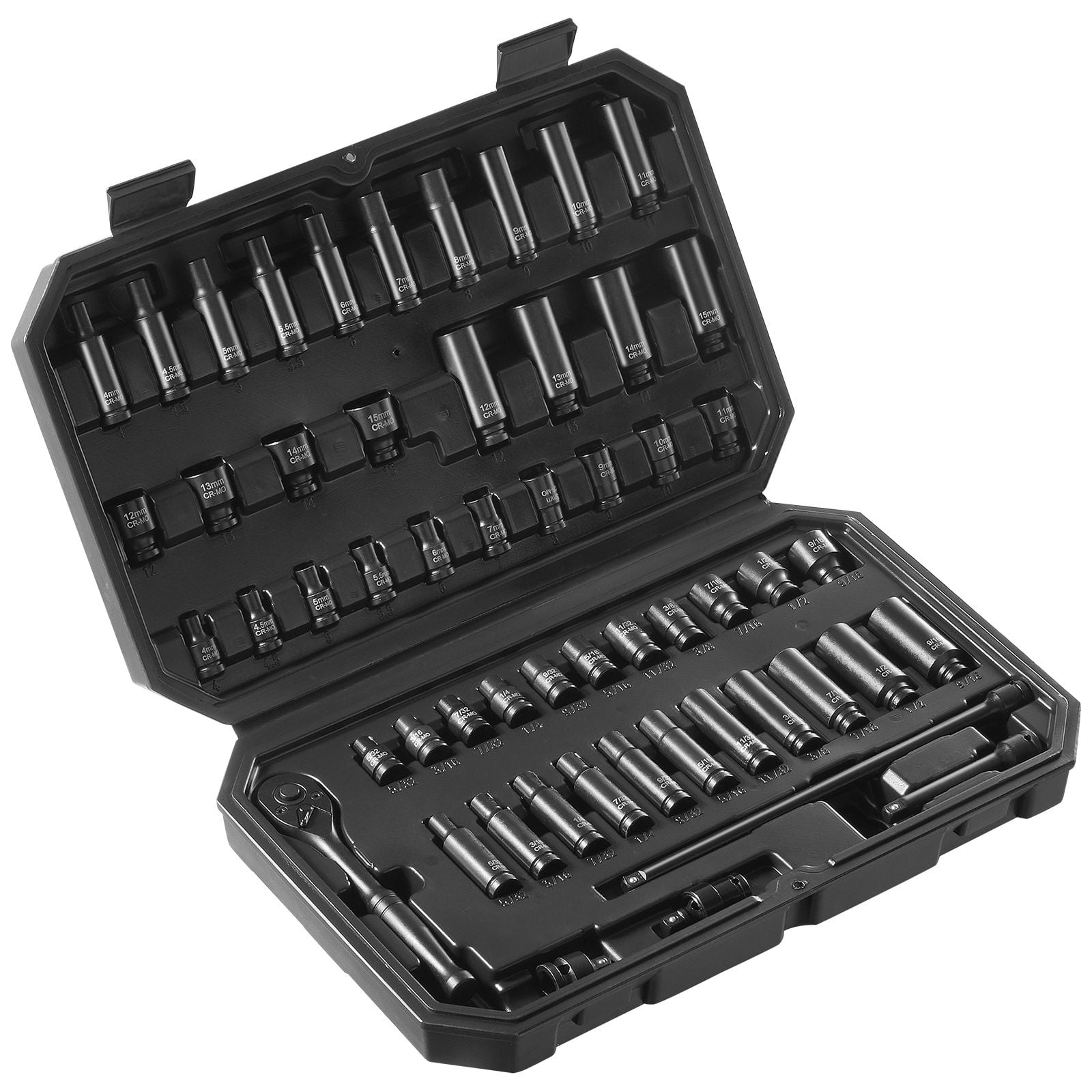 Drive Impact Socket Set 1/4" - 55 Piece Deep & Shallow Socket Set SAE 5/32"-9/16" and Metric 4-15mm - 6 Point CR-V Alloy Steel for Auto Repair - Easy-to-Read Size Markings - Storage Case