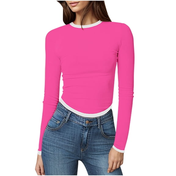 lulshou Women's Slim Fit Cropped Pullover Solid Color Long Sleeve Crewneck Contrast Top, M