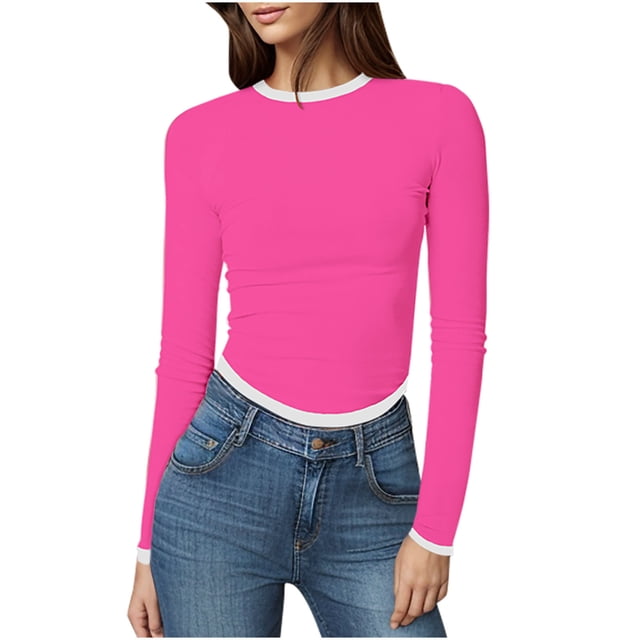 Timegard Hauts de Sortie pour Femmes Col Ras du Cou Manches Longues Couleur Unie Ajusté Confortable Hauts Courts Décontractés Mode