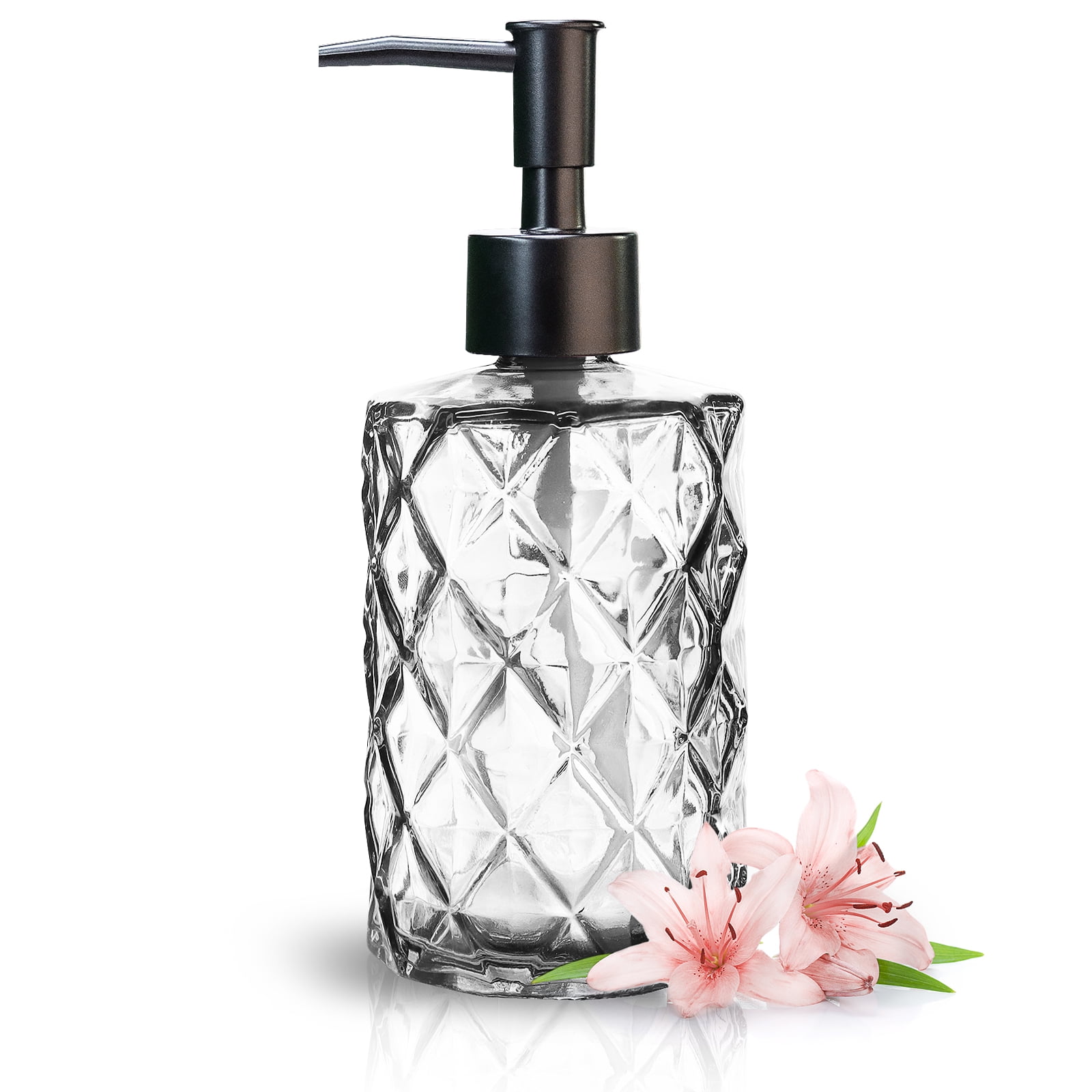 Glass Soap Dispenser Diamond Design , 12 Ounce Kitchen Soap Dispenser for Bathroom, Hand Soap, Dish Soap (Clear)