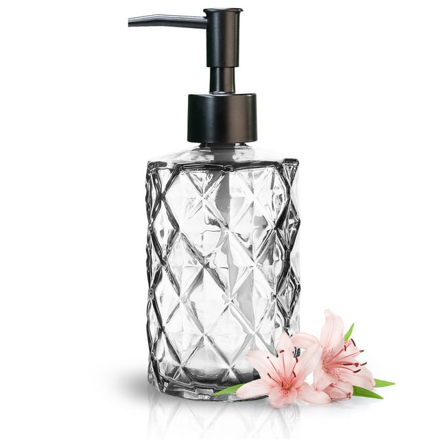 Glass Soap Dispenser Diamond Design , 12 Ounce Kitchen Soap Dispenser for Bathroom, Hand Soap, Dish Soap (Clear)
