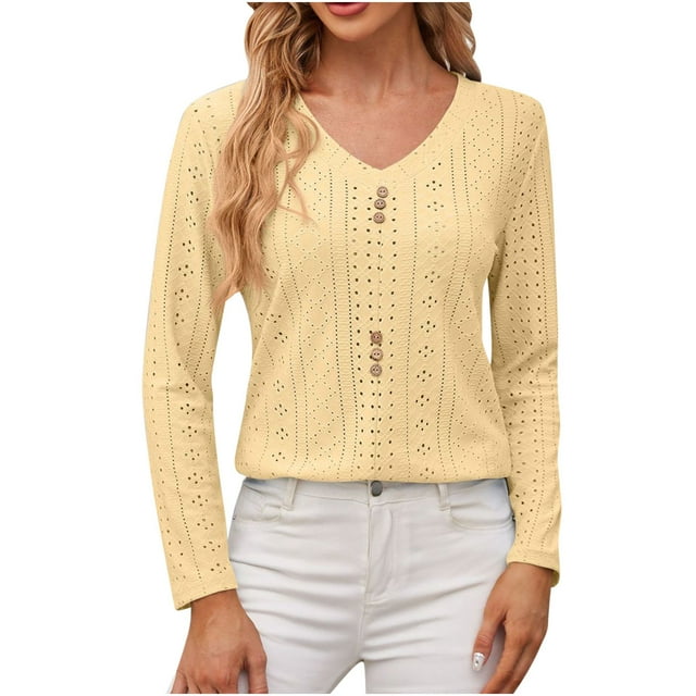 aidice Tops for Women Eyelet V Neck Long Sleeve Button Fitting Comfy Solid Color Casual Tee Shirts