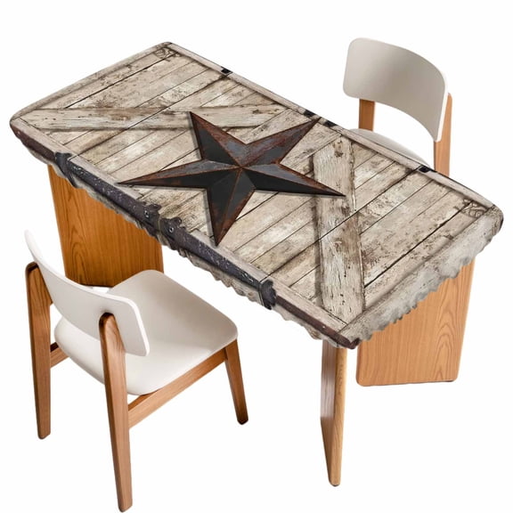 Texas Star Vintage Table Cloths for 6 Foot Rectangle Tables, Brown Khaki Wooden Retro Art Patio Waterproof Elastic Fitted Tablecloths, Washable Rectangular Table Cover for Camping