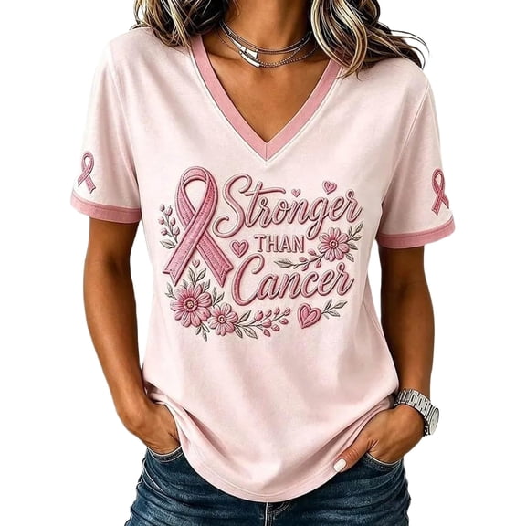 Breast Cancer Awareness Shirts For Women Pink Ribbon V-Neck Short Sleeve Tops Angel Wing Pink Ribbon Graphic Breast Cancer Survivor Print Support Tee