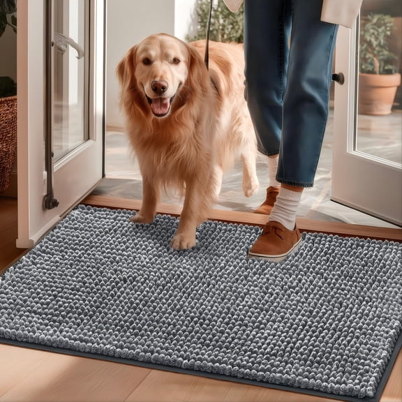 Super Absorbent Dog Door Mat, Large 30x20 Inch Washable Chenille Pet Rug for Muddy Paws, Non Slip Entrance Mat for Indoor Outdoor Use, Quick Dry Dirt Trapper, Gray